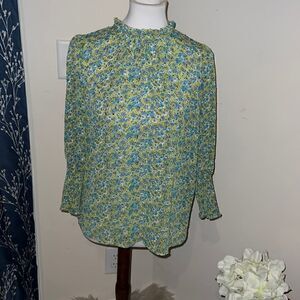 Rachel Zoe Sheer Blouse High Neckline Floral Swiss Dot Smocked Sleeve Small